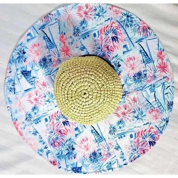 Lilly Pulitzer "Sea To Shining Sea" Beach Sun Hat Blue/Pink‎ Straw - Picture 2 of 5